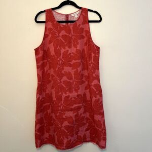 Garnet Hill 100% Linen Fringe Hem A-Line Dress, Pink & Red Hibiscus Floral- Sz 8